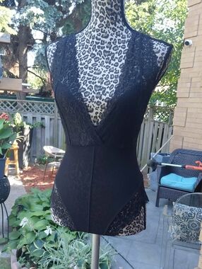 Adrienne Vittadini Black and Tan Leopard Mesh Bodysuit